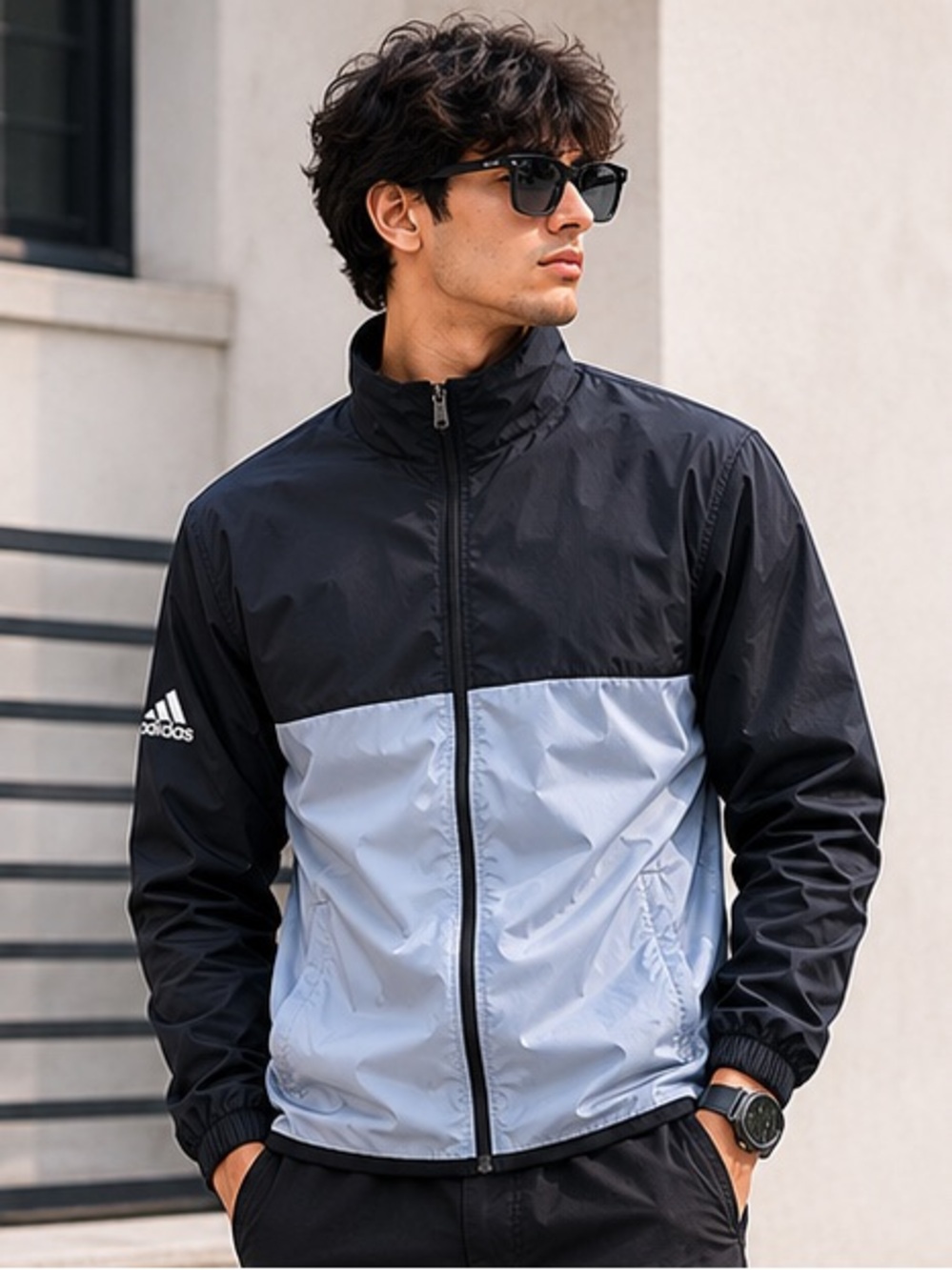 adidas Men’s‎ Black and Light Gray Colorblock Windbreaker